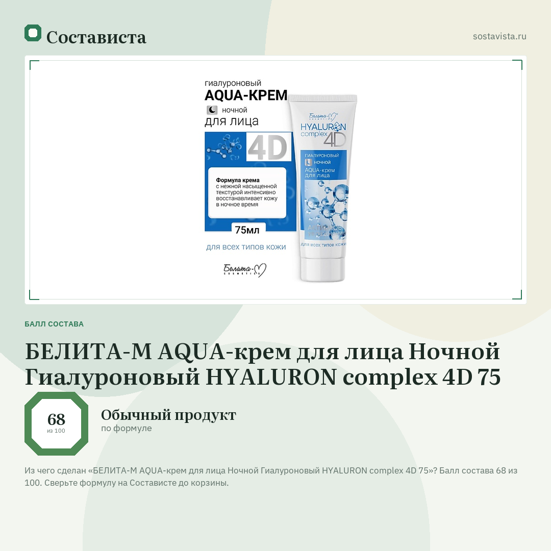 БЕЛИТА-М AQUA-крем для лица Ночной Гиалуроновый HYALURON complex 4D 75: балл состава 68 из 100 — Состависта