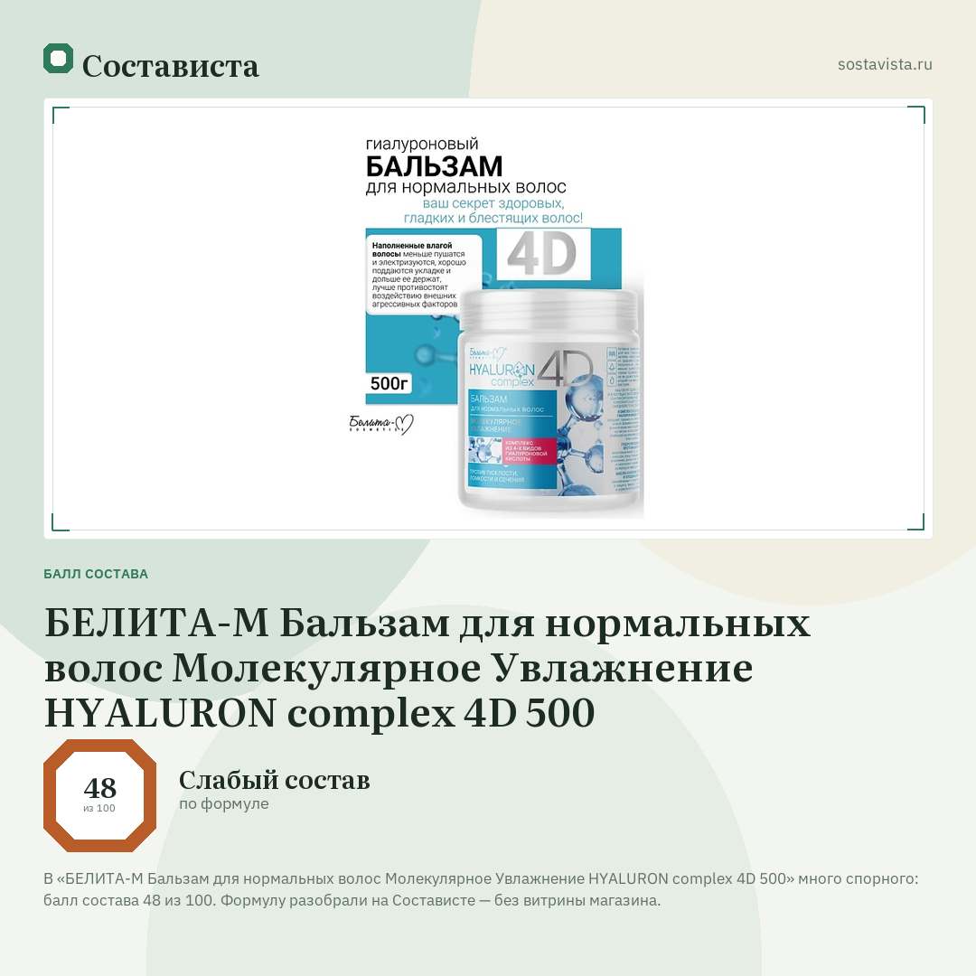 БЕЛИТА-М Бальзам для нормальных волос Молекулярное Увлажнение HYALURON complex 4D 500: балл состава 48 из 100 — Состависта