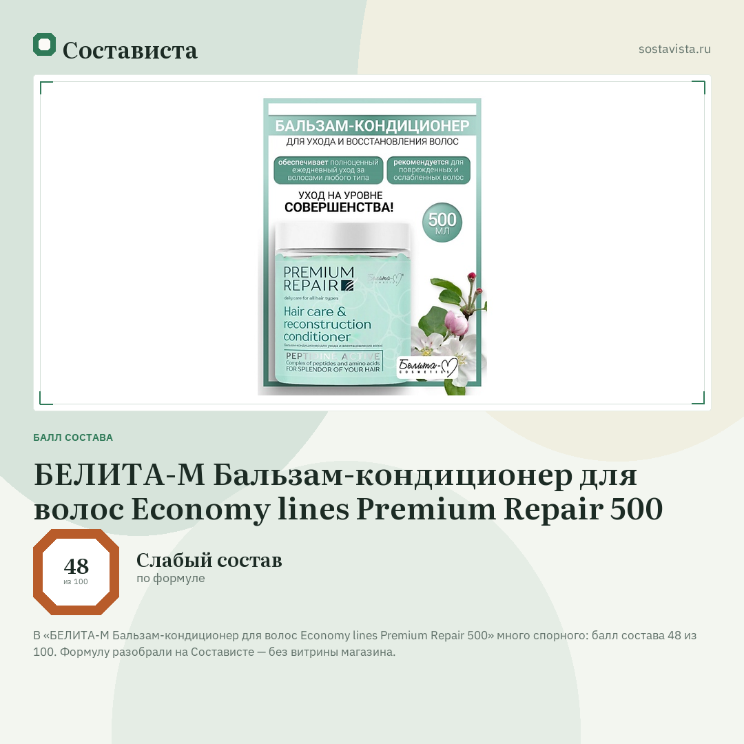 БЕЛИТА-М Бальзам-кондиционер для волос Economy lines Premium Repair 500: балл состава 48 из 100 — Состависта