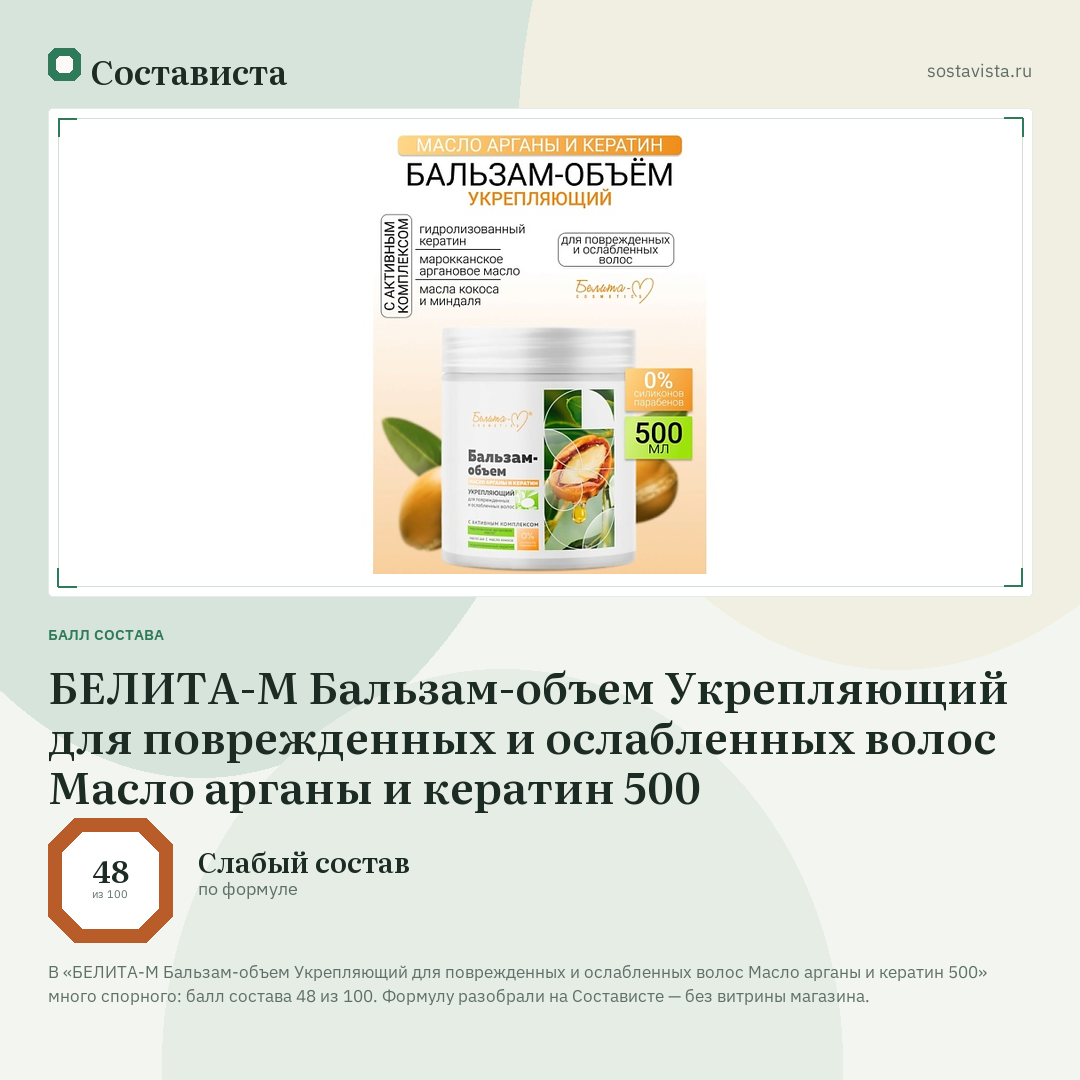БЕЛИТА-М Бальзам-объем Укрепляющий для поврежденных и ослабленных волос Масло арганы и кератин 500: балл состава 48 из 100 — Состависта