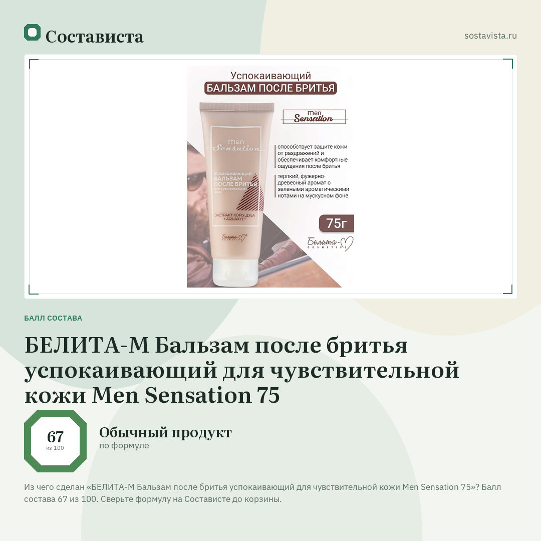 БЕЛИТА-М Бальзам после бритья успокаивающий для чувствительной кожи Men Sensation 75: балл состава 67 из 100 — Состависта