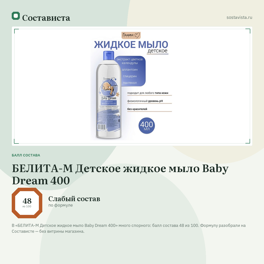 БЕЛИТА-М Детское жидкое мыло Baby Dream 400: балл состава 48 из 100 — Состависта