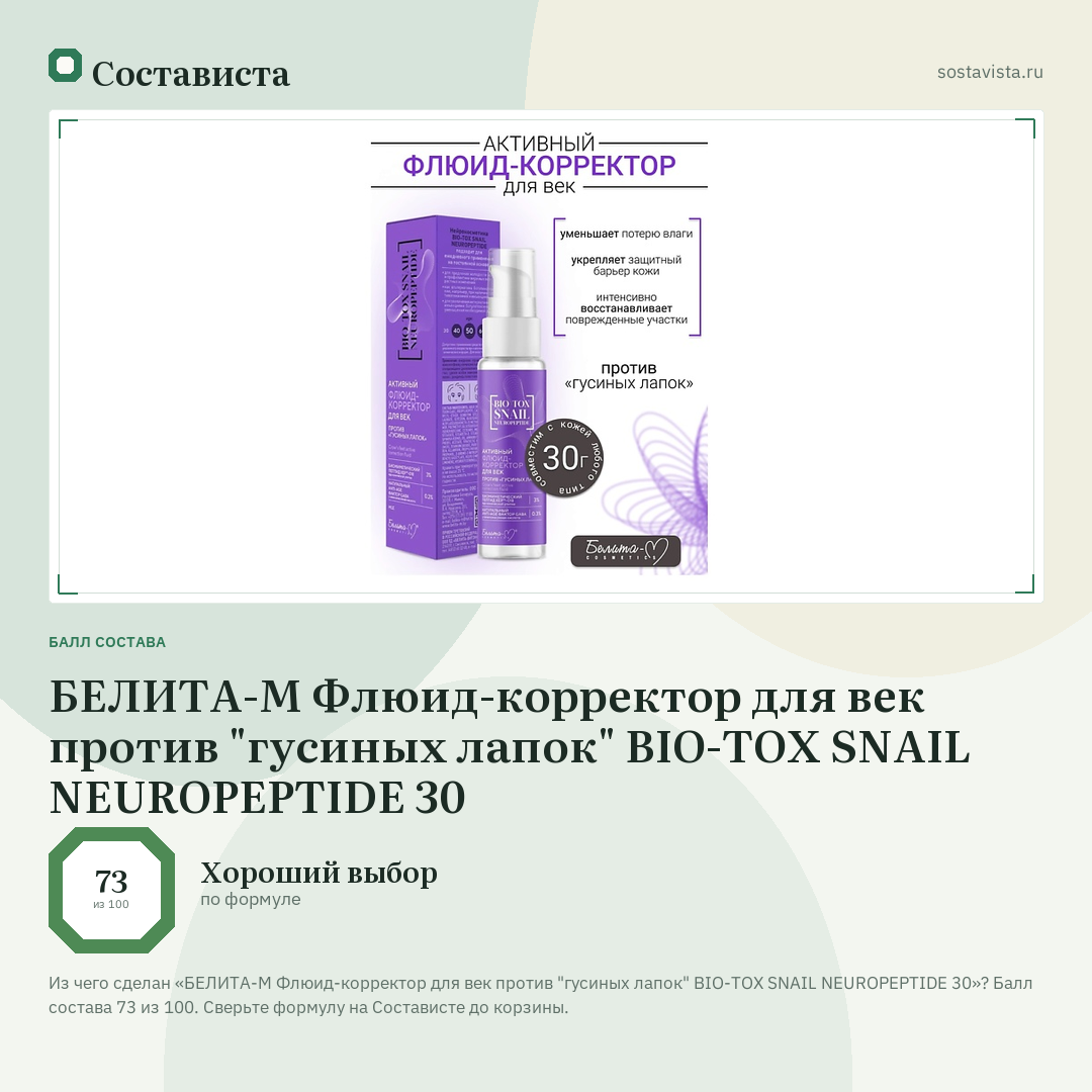 БЕЛИТА-М Флюид-корректор для век против "гусиных лапок" BIO-TOX SNAIL NEUROPEPTIDE 30: балл состава 73 из 100 — Состависта