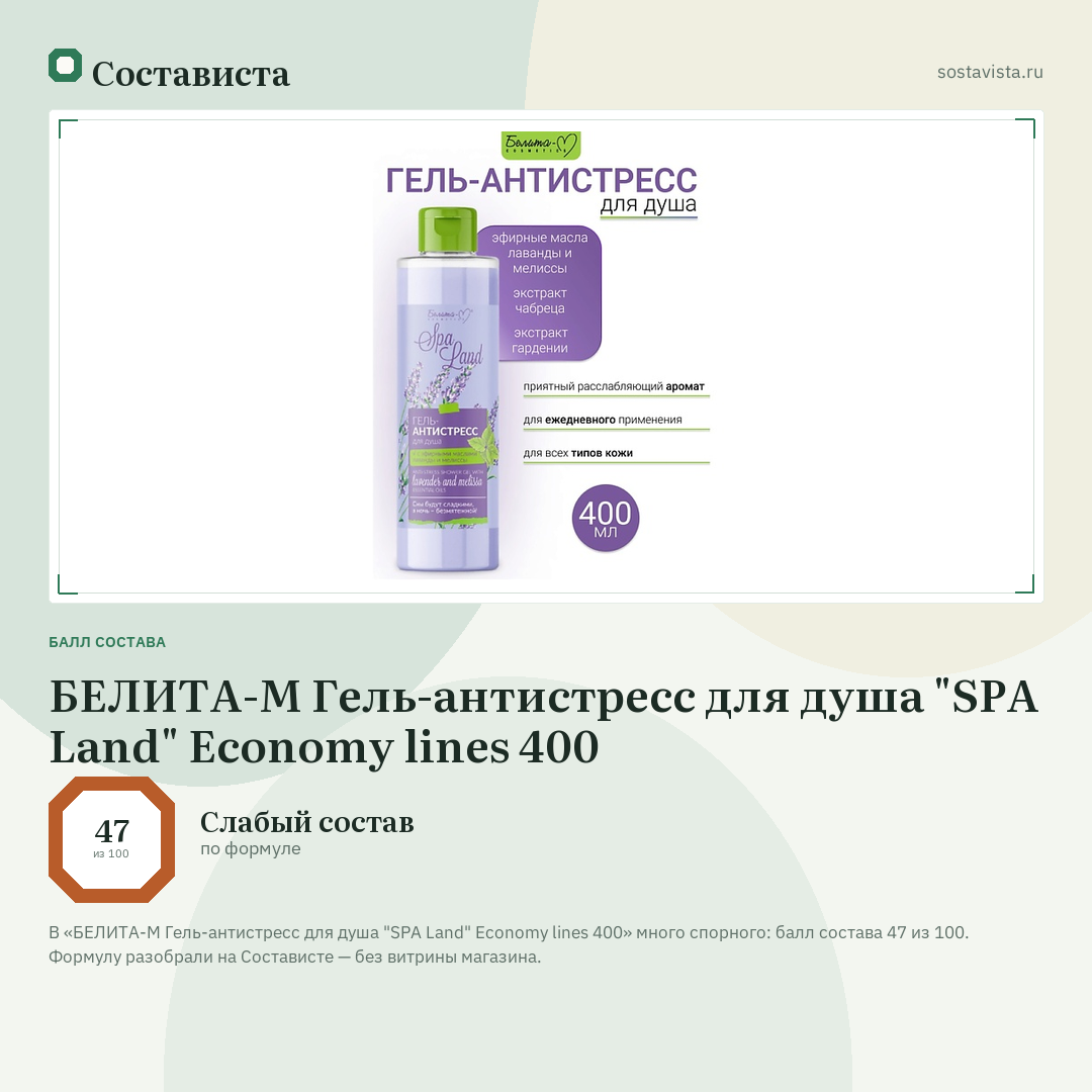 БЕЛИТА-М Гель-антистресс для душа "SPA Land" Economy lines 400: балл состава 47 из 100 — Состависта