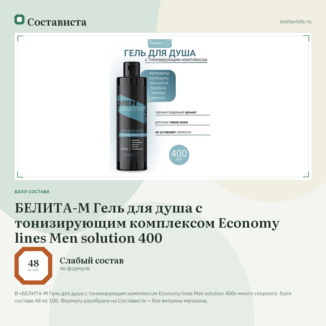 БЕЛИТА-М Гель для душа с тонизирующим комплексом Economy lines Men solution 400: балл состава 48 из 100 — Состависта