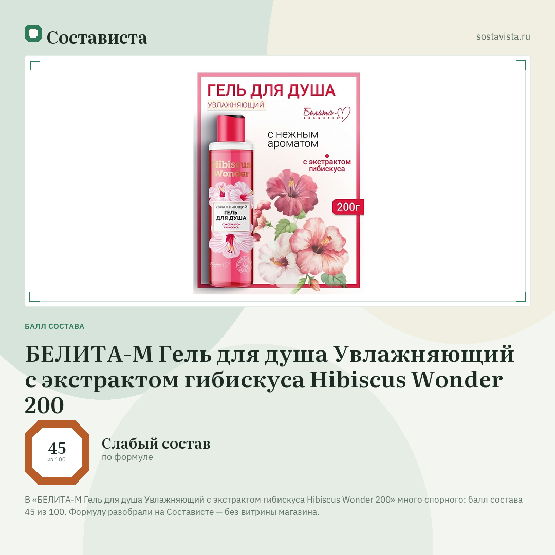 БЕЛИТА-М Гель для душа Увлажняющий с экстрактом гибискуса Hibiscus Wonder 200: балл состава 45 из 100 — Состависта