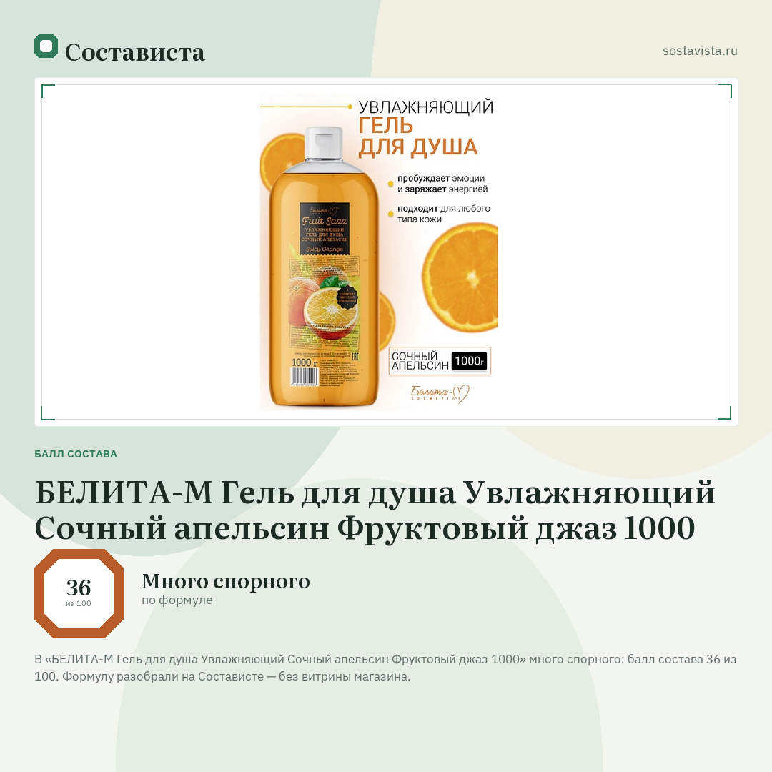 БЕЛИТА-М Гель для душа Увлажняющий Сочный апельсин Фруктовый джаз 1000: балл состава 36 из 100 — Состависта