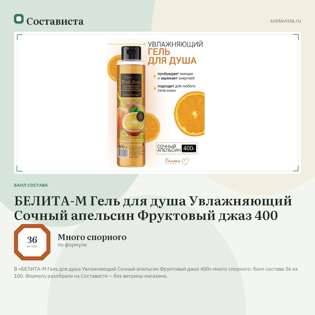 БЕЛИТА-М Гель для душа Увлажняющий Сочный апельсин Фруктовый джаз 400: балл состава 36 из 100 — Состависта