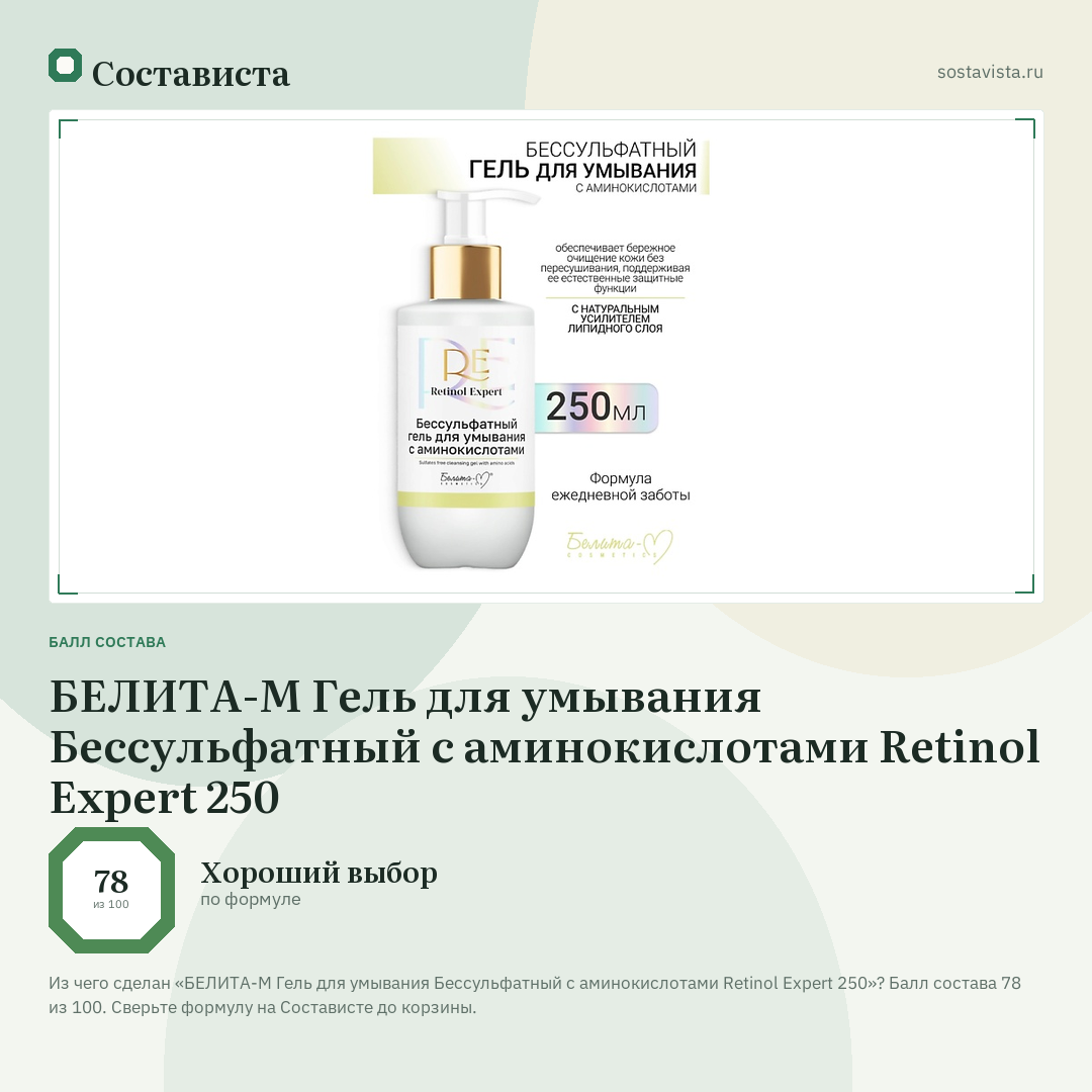 БЕЛИТА-М Гель для умывания Бессульфатный с аминокислотами Retinol Expert 250: балл состава 78 из 100 — Состависта