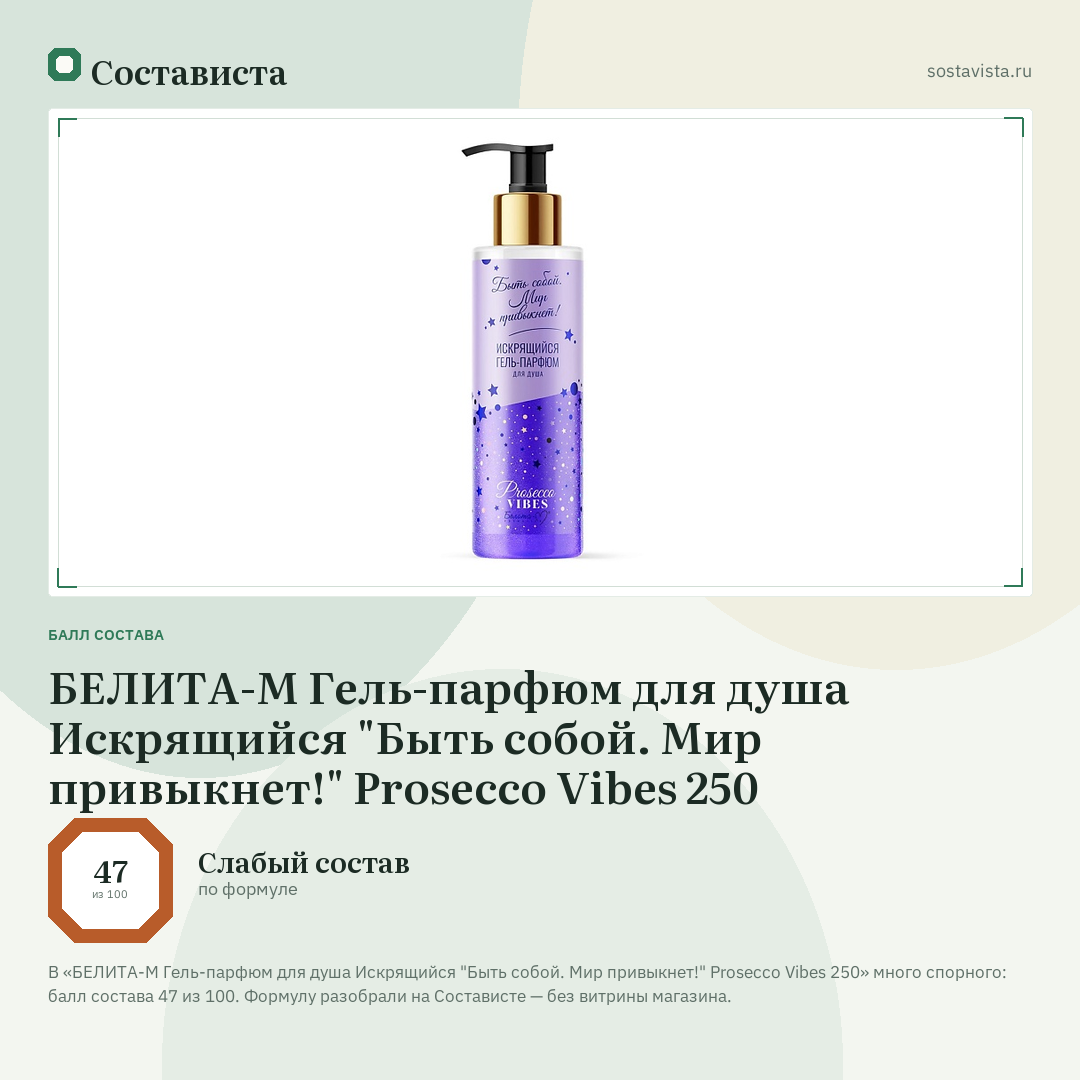 БЕЛИТА-М Гель-парфюм для душа Искрящийся "Быть собой. Мир привыкнет!" Prosecco Vibes 250: балл состава 47 из 100 — Состависта