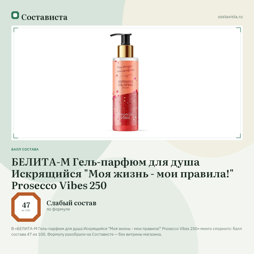 БЕЛИТА-М Гель-парфюм для душа Искрящийся "Моя жизнь - мои правила!" Prosecco Vibes 250: балл состава 47 из 100 — Состависта