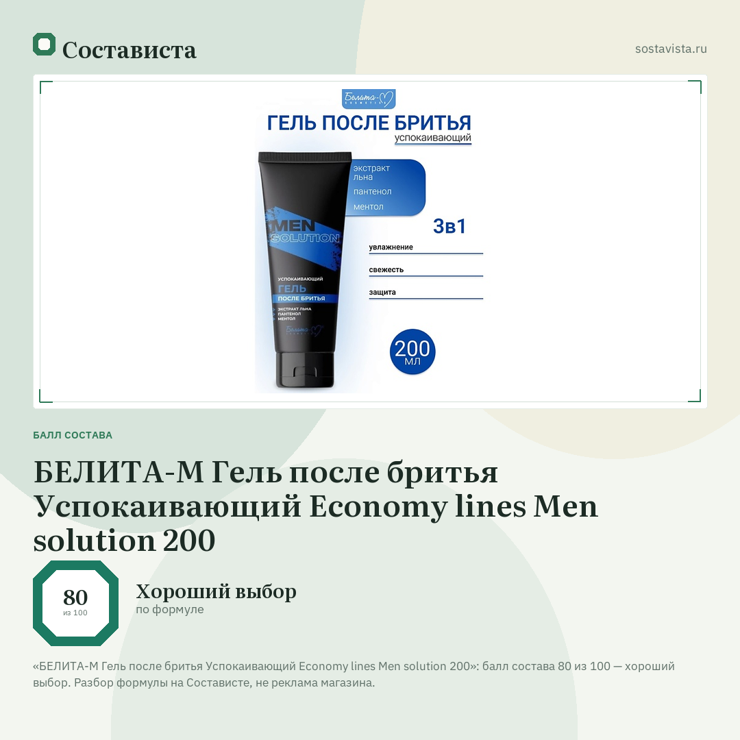 БЕЛИТА-М Гель после бритья Успокаивающий Economy lines Men solution 200: балл состава 80 из 100 — Состависта