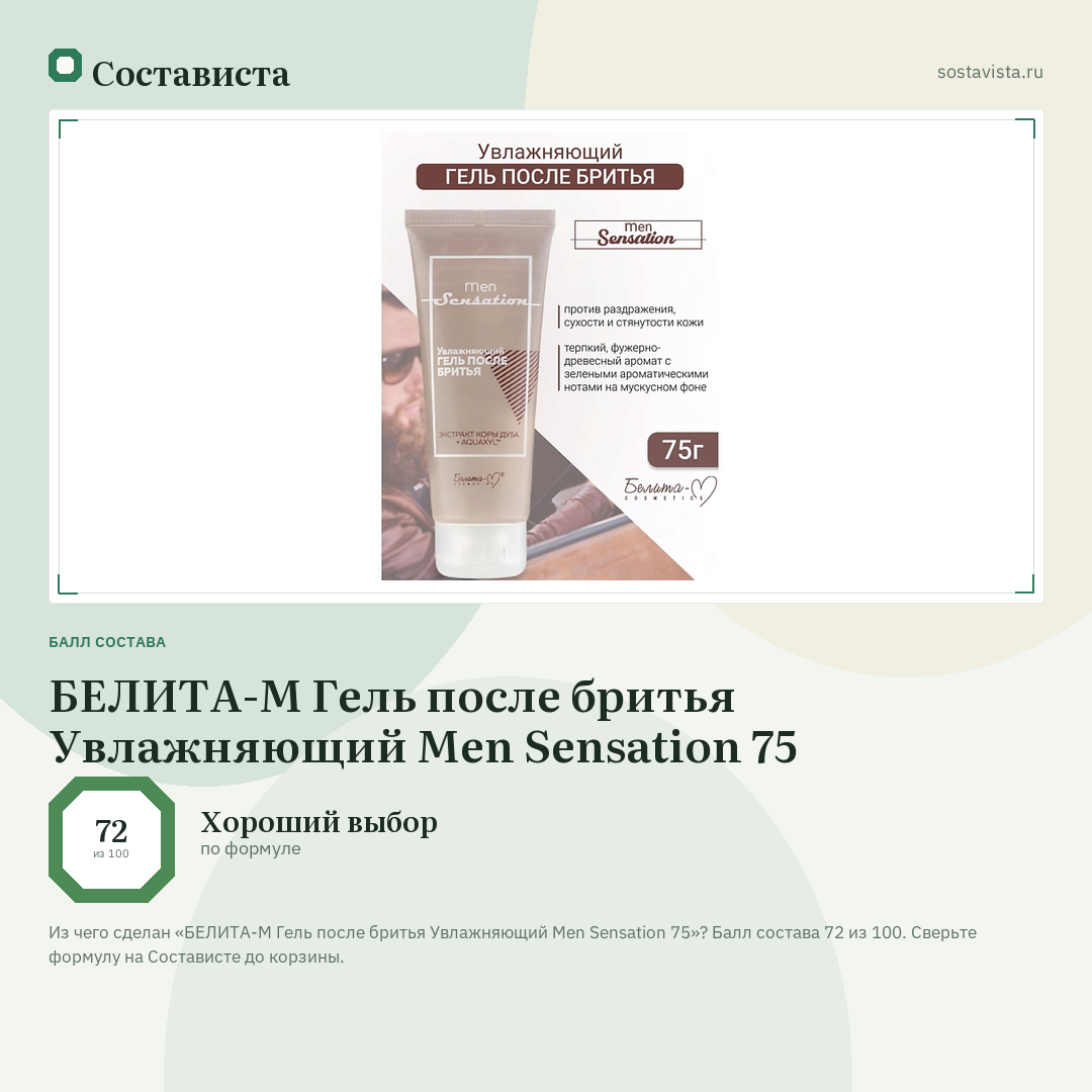БЕЛИТА-М Гель после бритья Увлажняющий Men Sensation 75: балл состава 72 из 100 — Состависта