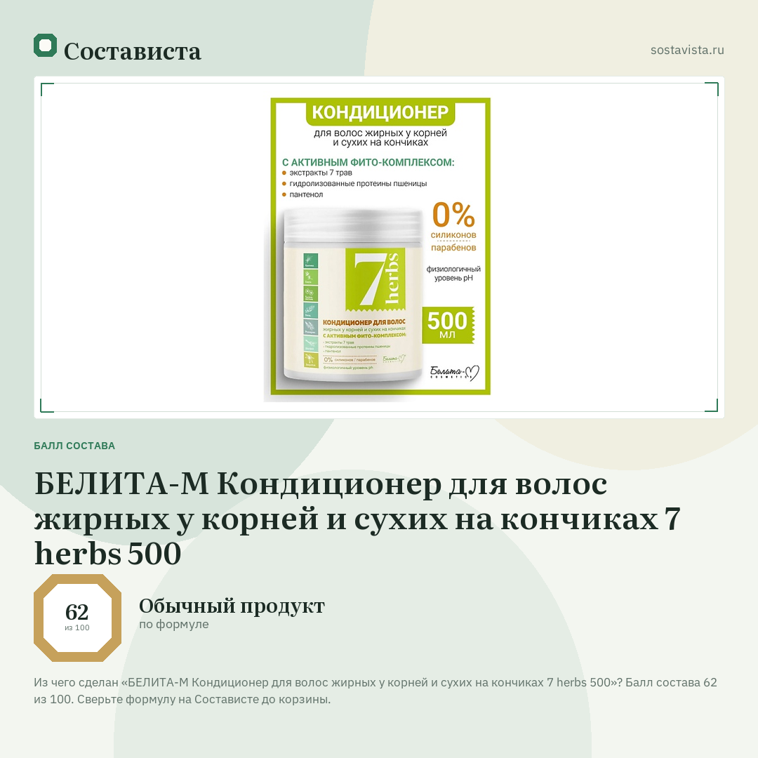 БЕЛИТА-М Кондиционер для волос жирных у корней и сухих на кончиках 7 herbs 500: балл состава 62 из 100 — Состависта