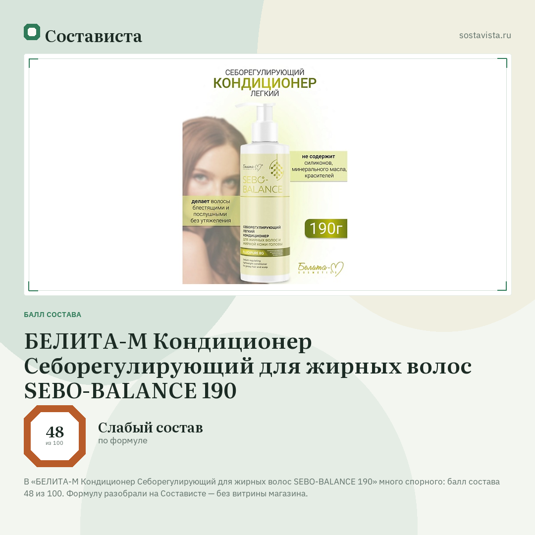 БЕЛИТА-М Кондиционер Себорегулирующий для жирных волос SEBO-BALANCE 190: балл состава 48 из 100 — Состависта