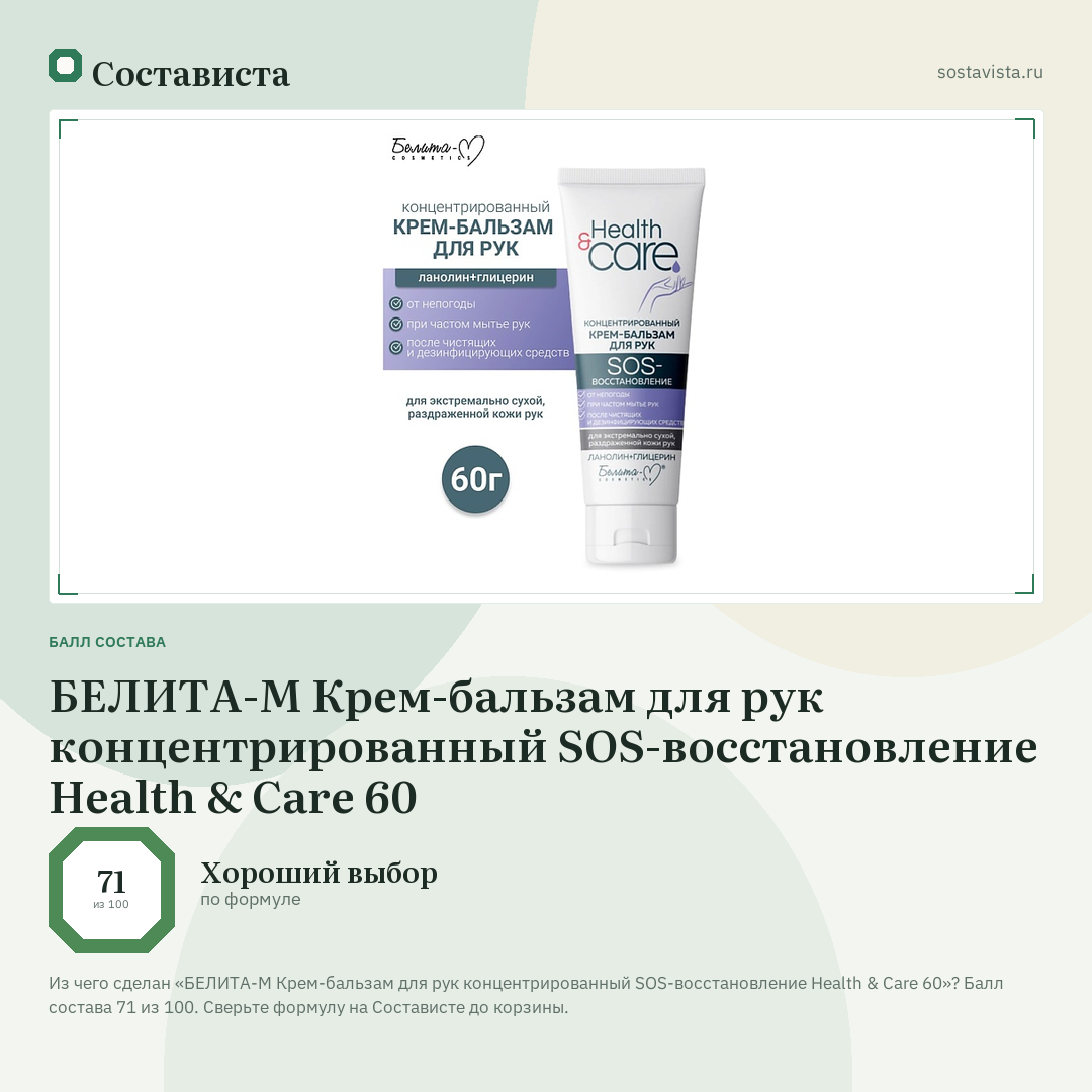 БЕЛИТА-М Крем-бальзам для рук концентрированный SOS-восстановление Health & Care 60: балл состава 71 из 100 — Состависта