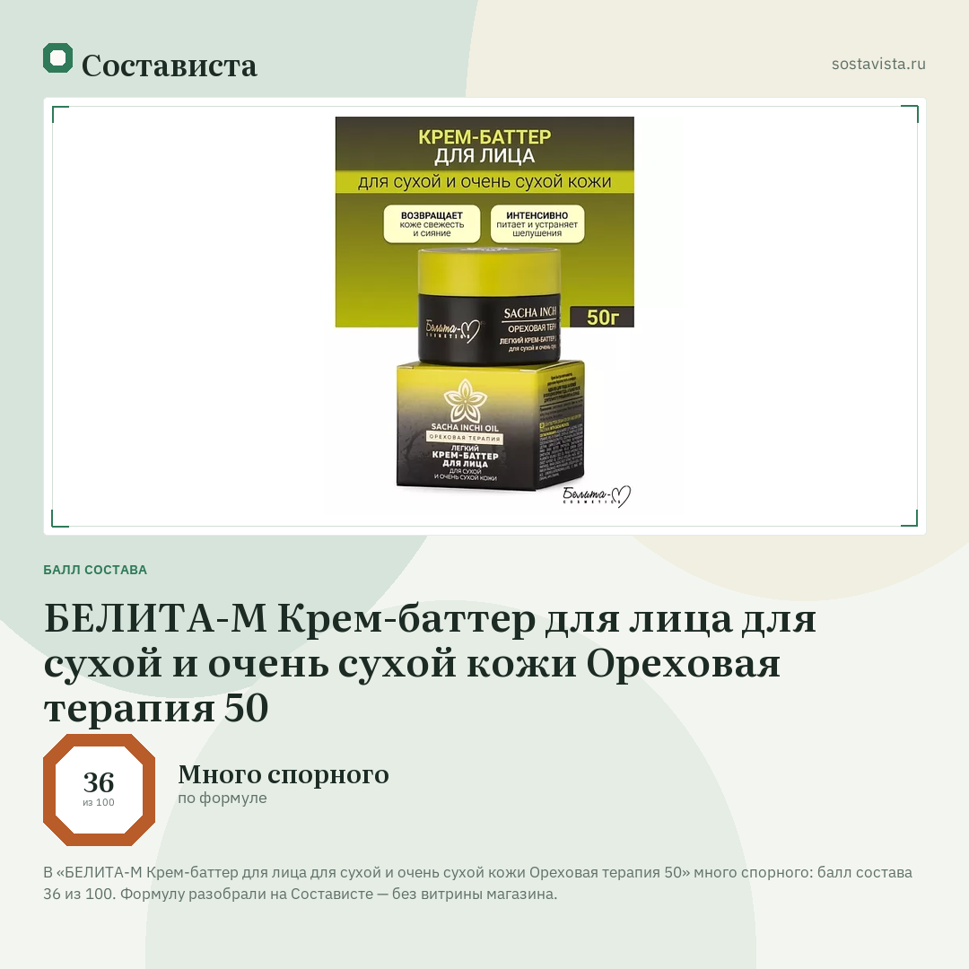 БЕЛИТА-М Крем-баттер для лица для сухой и очень сухой кожи Ореховая терапия 50: балл состава 36 из 100 — Состависта