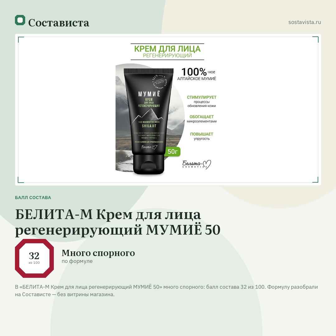 БЕЛИТА-М Крем для лица регенерирующий МУМИЁ 50: балл состава 32 из 100 — Состависта
