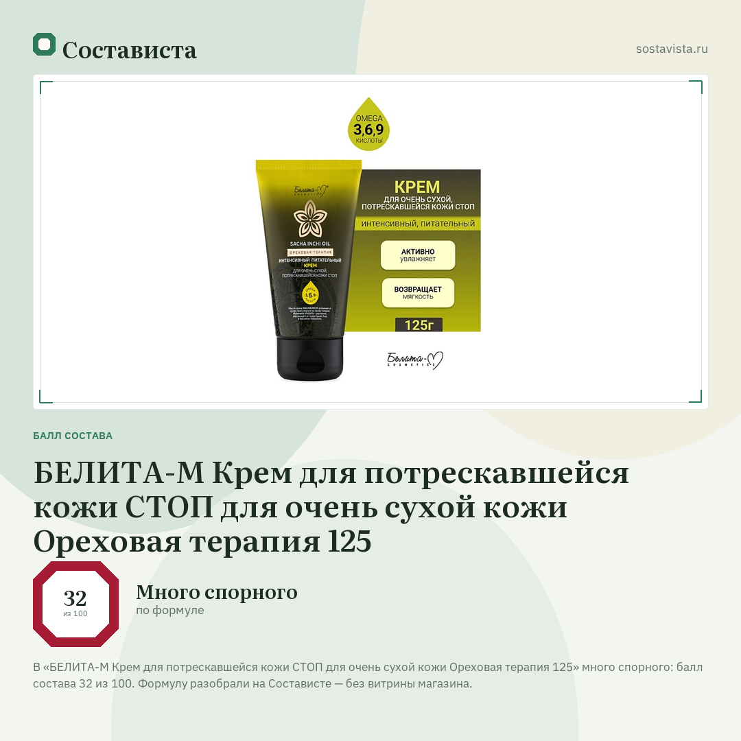 БЕЛИТА-М Крем для потрескавшейся кожи СТОП для очень сухой кожи Ореховая терапия 125: балл состава 32 из 100 — Состависта
