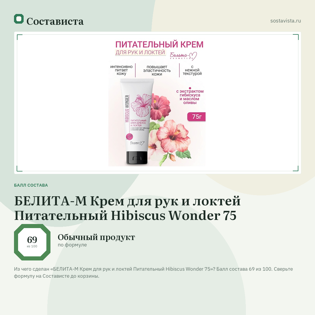 БЕЛИТА-М Крем для рук и локтей Питательный Hibiscus Wonder 75: балл состава 69 из 100 — Состависта