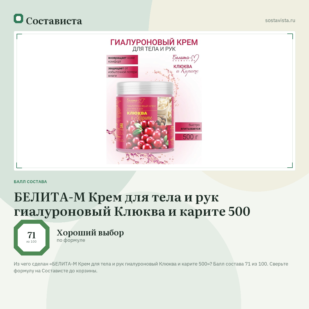 БЕЛИТА-М Крем для тела и рук гиалуроновый Клюква и карите 500: балл состава 71 из 100 — Состависта