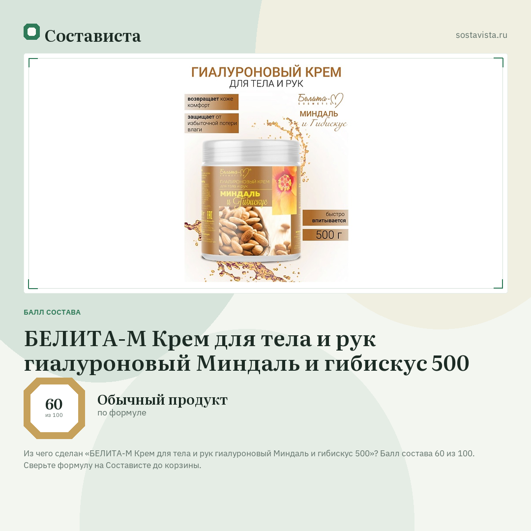 БЕЛИТА-М Крем для тела и рук гиалуроновый Миндаль и гибискус 500: балл состава 60 из 100 — Состависта