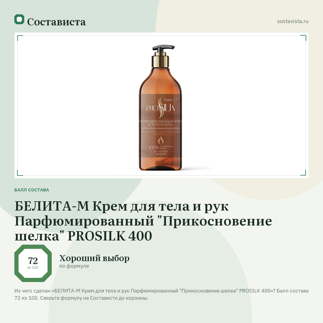 БЕЛИТА-М Крем для тела и рук Парфюмированный "Прикосновение шелка" PROSILK 400: балл состава 72 из 100 — Состависта