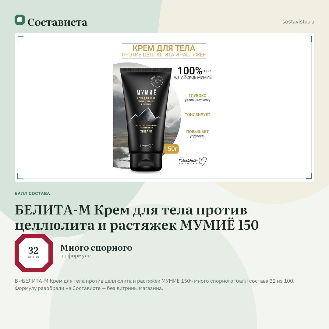 БЕЛИТА-М Крем для тела против целлюлита и растяжек МУМИЁ 150: балл состава 32 из 100 — Состависта