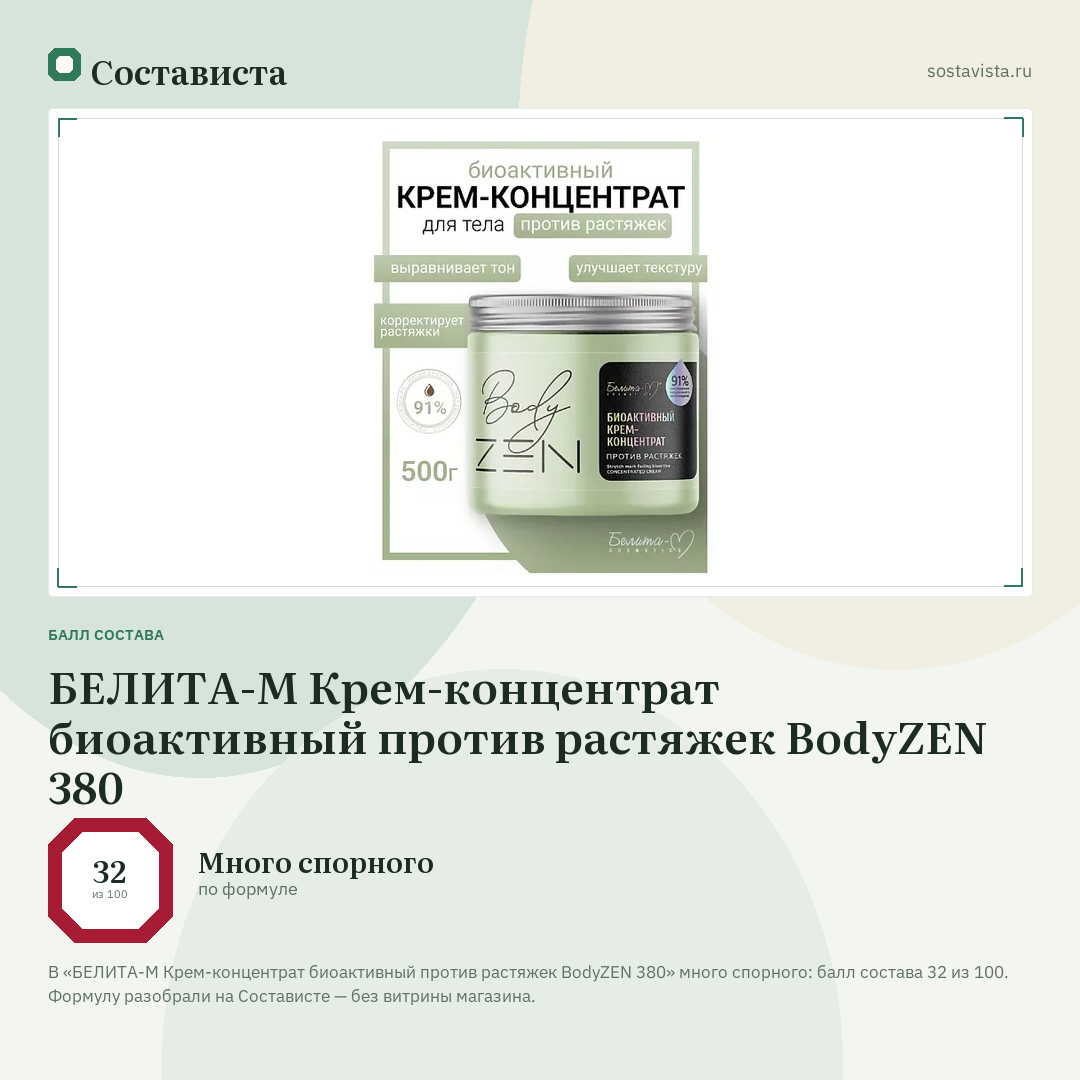 БЕЛИТА-М Крем-концентрат биоактивный против растяжек BodyZEN 380: балл состава 32 из 100 — Состависта