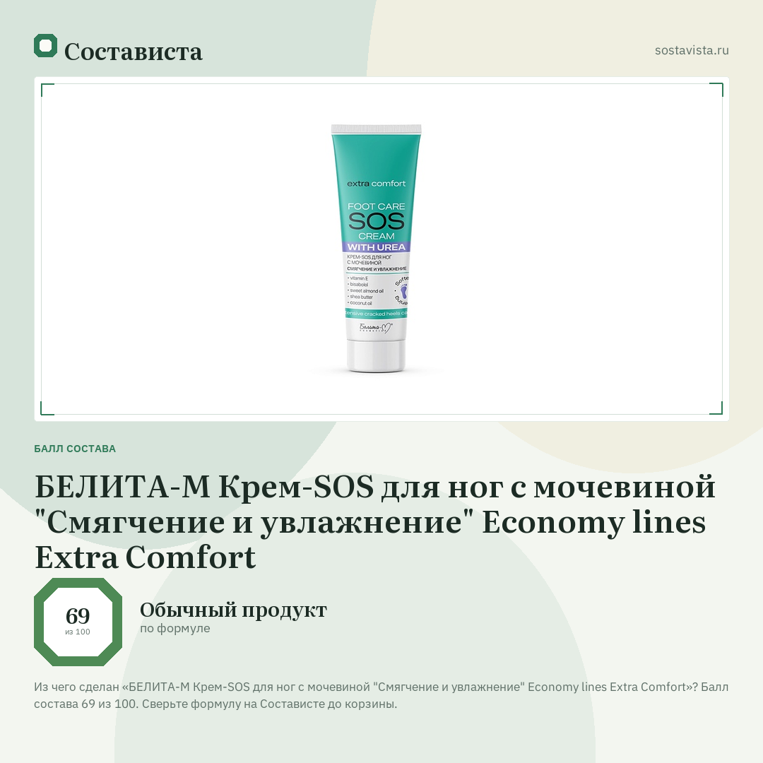 БЕЛИТА-М Крем-SOS для ног с мочевиной "Смягчение и увлажнение" Economy lines Extra Comfort: балл состава 69 из 100 — Состависта