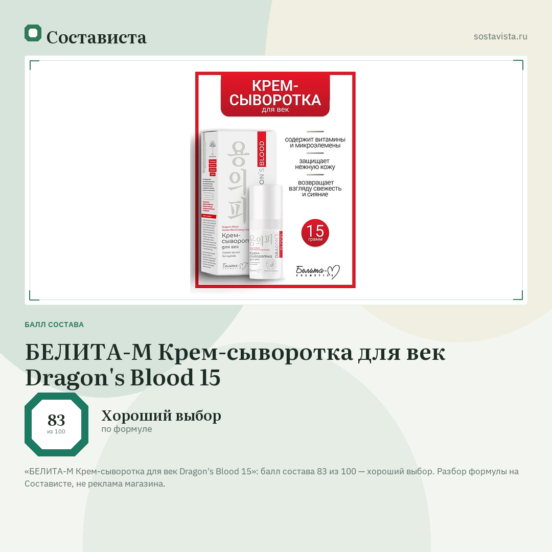 БЕЛИТА-М Крем-сыворотка для век Dragon's Blood 15: балл состава 83 из 100 — Состависта