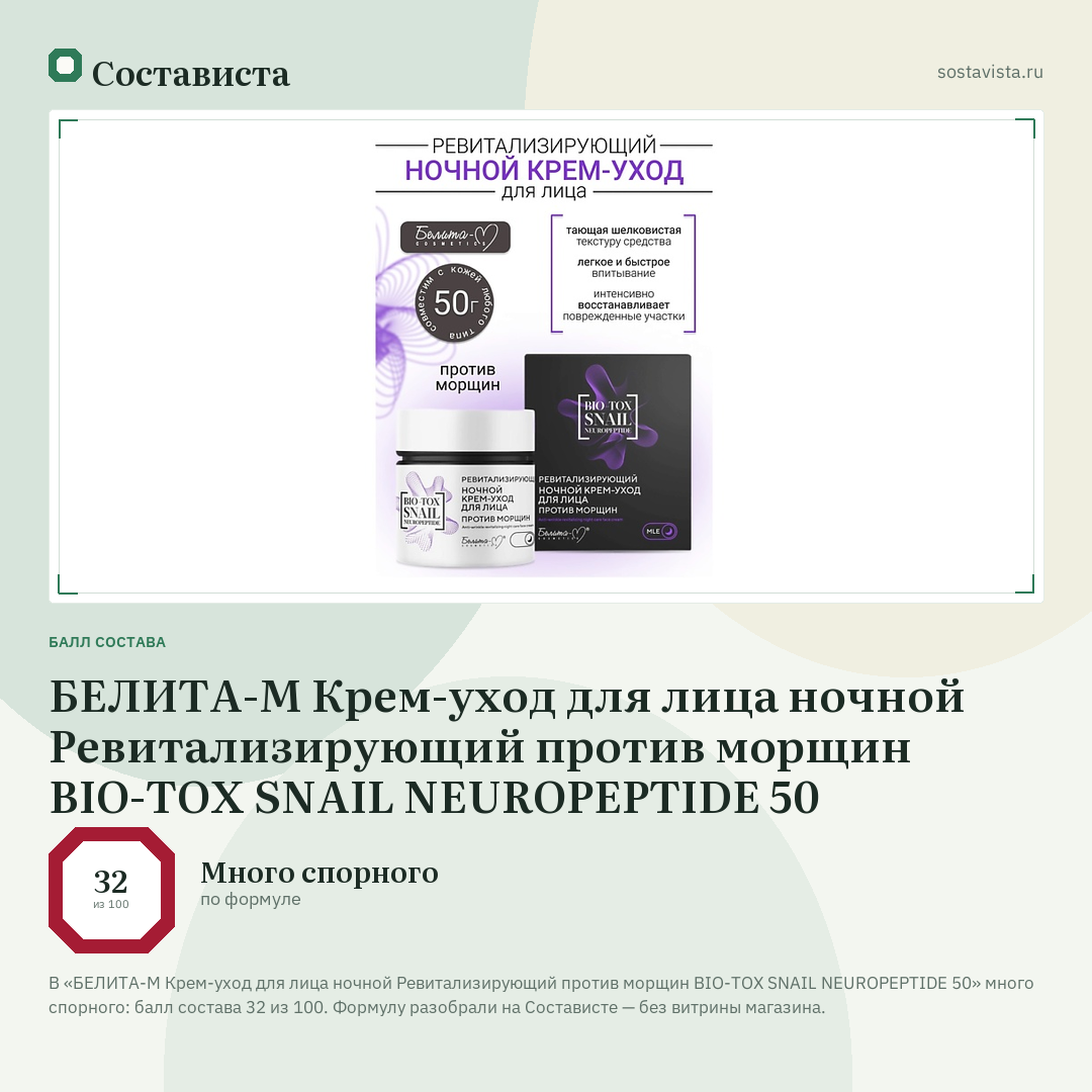 БЕЛИТА-М Крем-уход для лица ночной Ревитализирующий против морщин BIO-TOX SNAIL NEUROPEPTIDE 50: балл состава 32 из 100 — Состависта