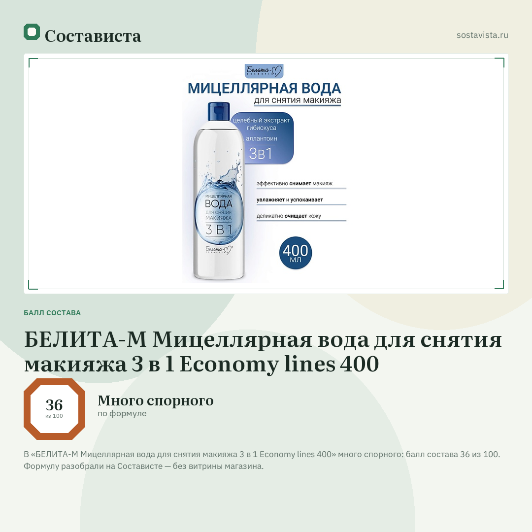БЕЛИТА-М Мицеллярная вода для снятия макияжа 3 в 1 Economy lines 400: балл состава 36 из 100 — Состависта