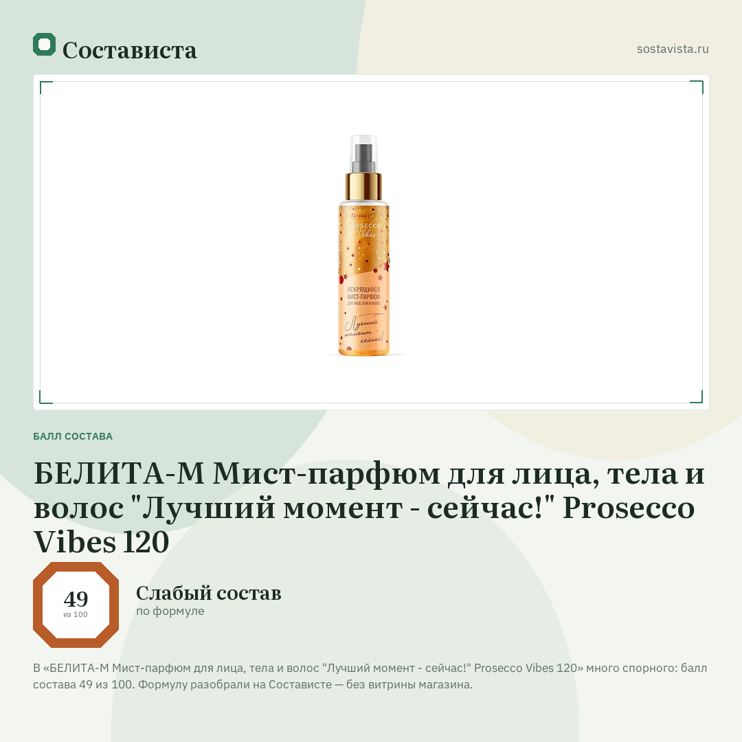БЕЛИТА-М Мист-парфюм для лица, тела и волос "Лучший момент - сейчас!" Prosecco Vibes 120: балл состава 49 из 100 — Состависта