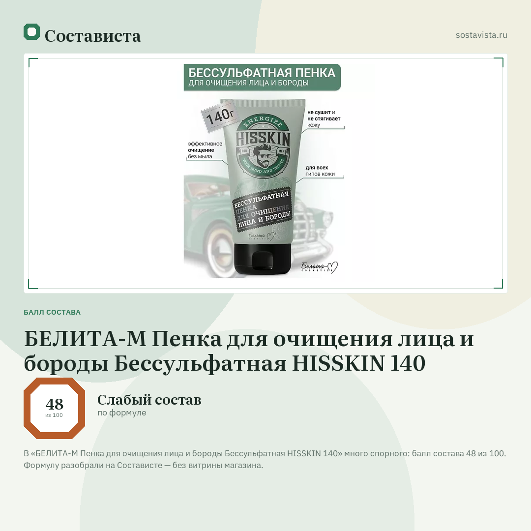 БЕЛИТА-М Пенка для очищения лица и бороды Бессульфатная HISSKIN 140: балл состава 48 из 100 — Состависта