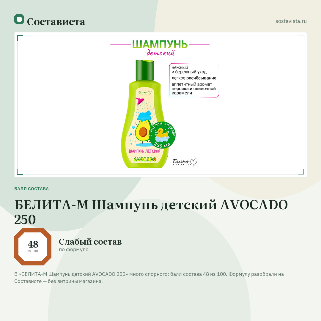 БЕЛИТА-М Шампунь детский AVOCADO 250: балл состава 48 из 100 — Состависта