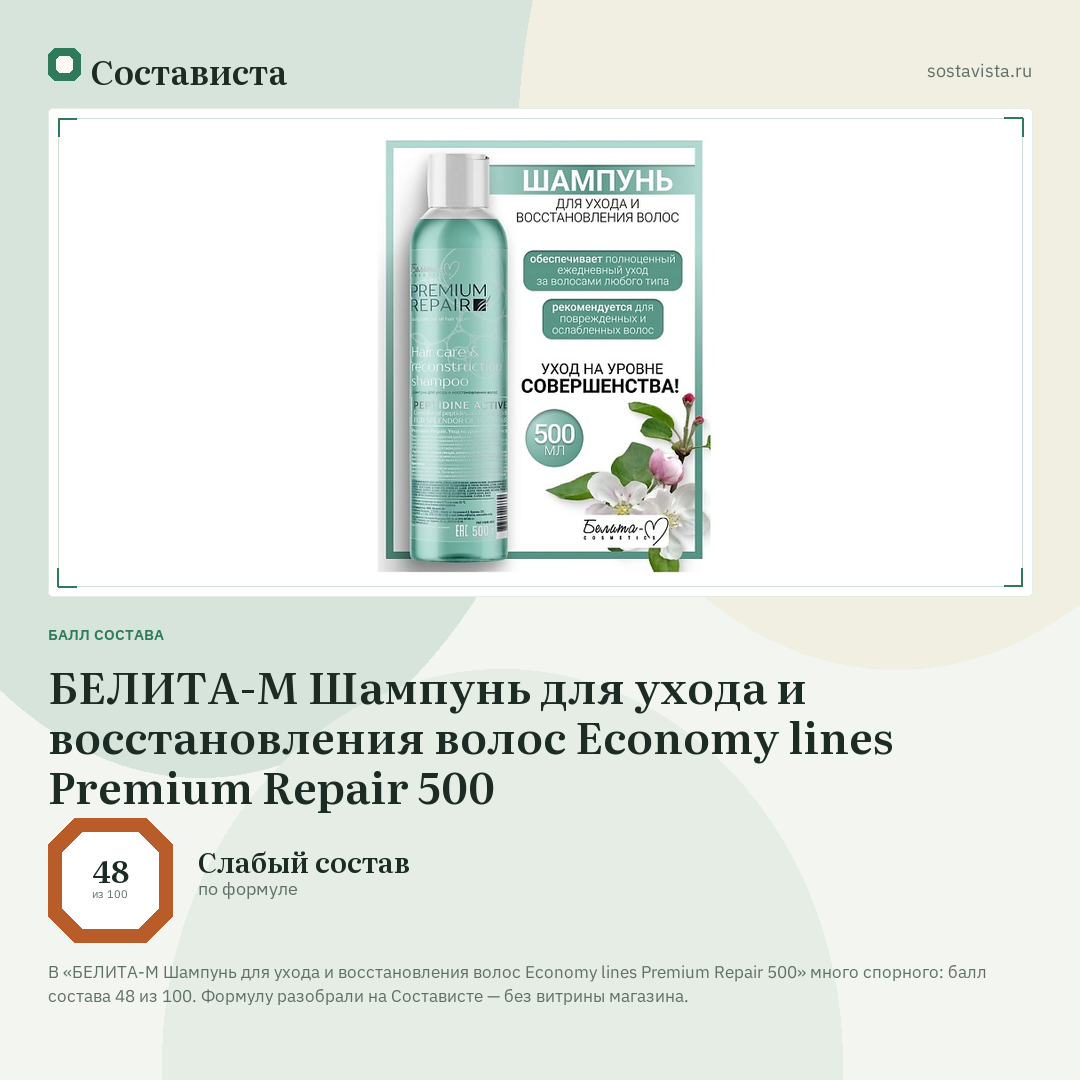 БЕЛИТА-М Шампунь для ухода и восстановления волос Economy lines Premium Repair 500: балл состава 48 из 100 — Состависта