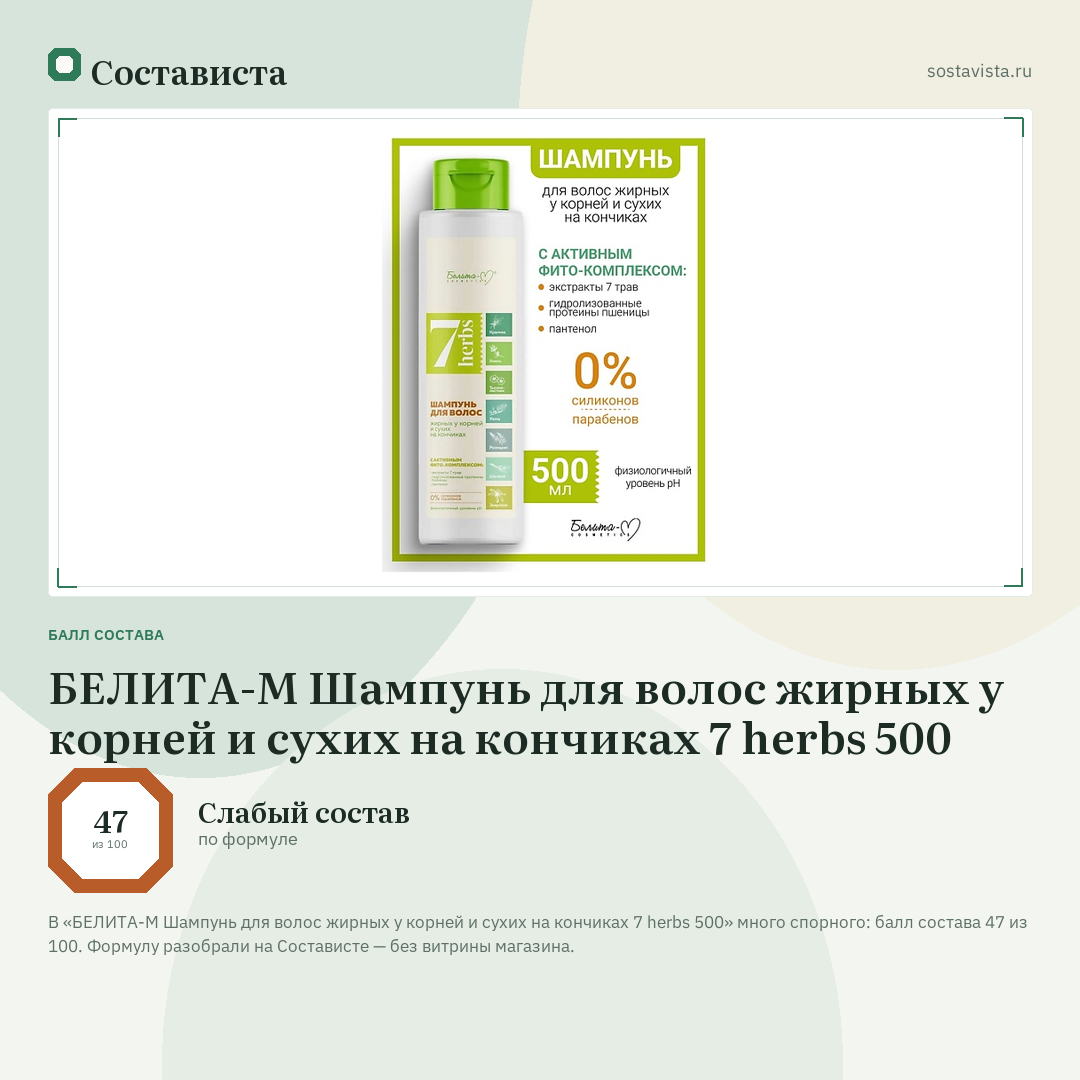 БЕЛИТА-М Шампунь для волос жирных у корней и сухих на кончиках 7 herbs 500: балл состава 47 из 100 — Состависта