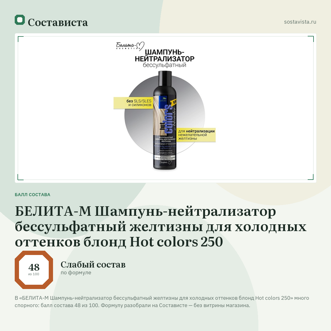 БЕЛИТА-М Шампунь-нейтрализатор бессульфатный желтизны для холодных оттенков блонд Hot colors 250: балл состава 48 из 100 — Состависта
