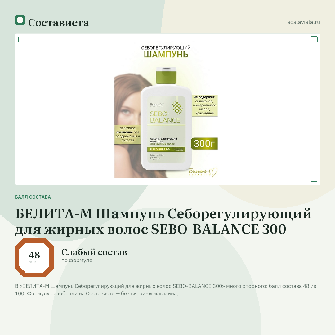 БЕЛИТА-М Шампунь Себорегулирующий для жирных волос SEBO-BALANCE 300: балл состава 48 из 100 — Состависта