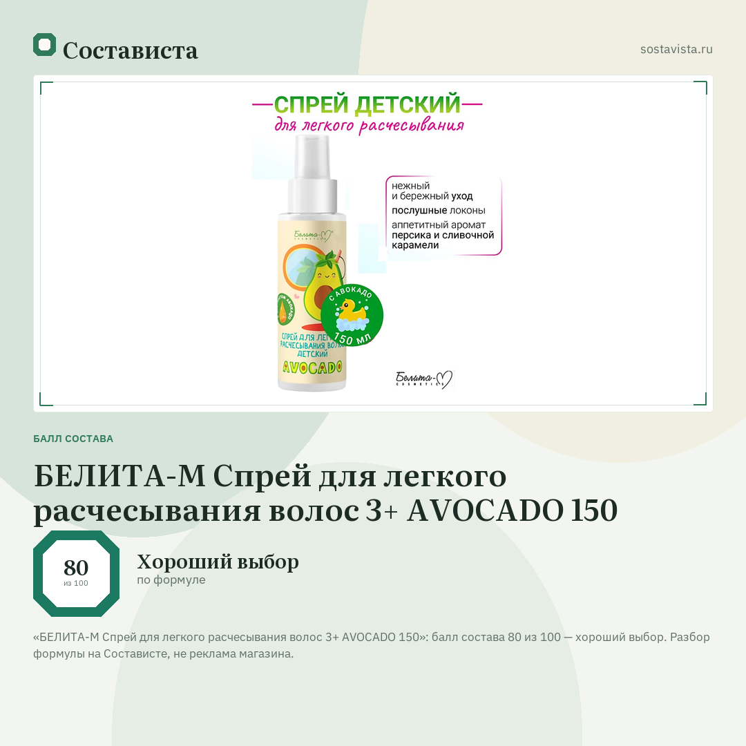 БЕЛИТА-М Спрей для легкого расчесывания волос 3+ AVOCADO 150: балл состава 80 из 100 — Состависта