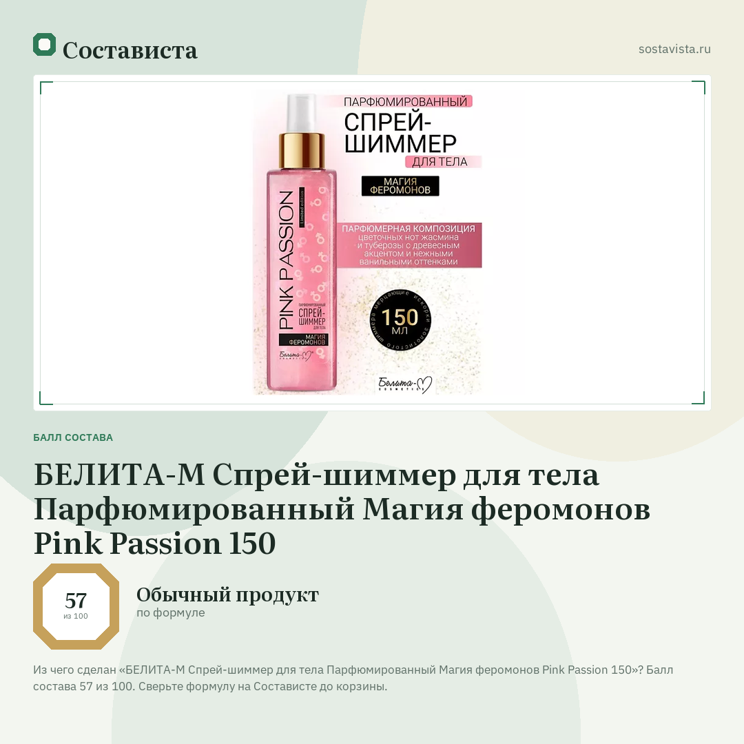 БЕЛИТА-М Спрей-шиммер для тела Парфюмированный Магия феромонов Pink Passion 150: балл состава 57 из 100 — Состависта