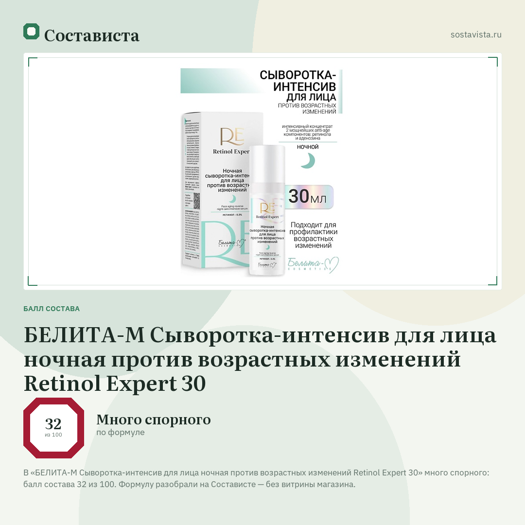 БЕЛИТА-М Сыворотка-интенсив для лица ночная против возрастных изменений Retinol Expert 30: балл состава 32 из 100 — Состависта