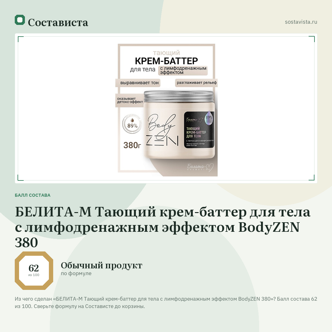 БЕЛИТА-М Тающий крем-баттер для тела с лимфодренажным эффектом BodyZEN 380: балл состава 62 из 100 — Состависта