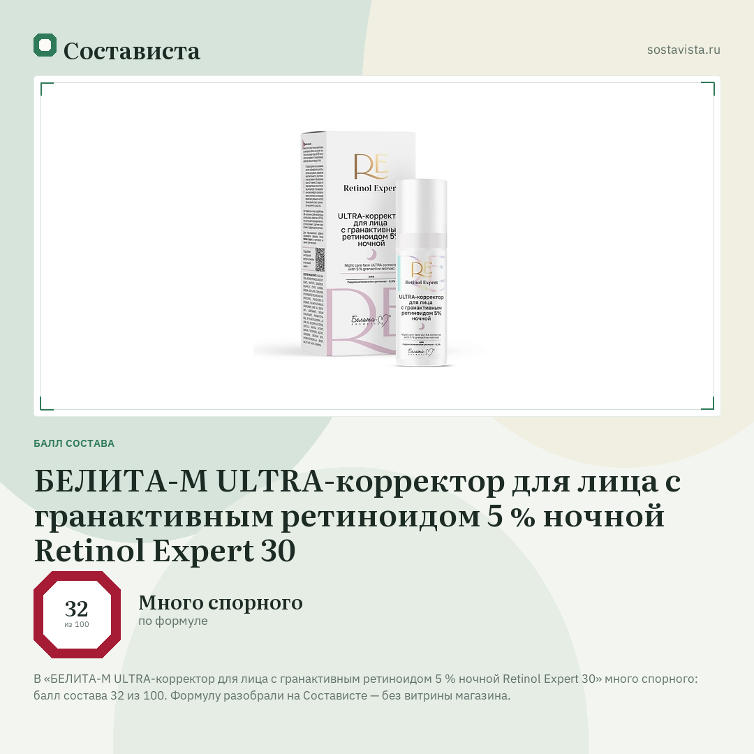 БЕЛИТА-М ULTRA-корректор для лица с гранактивным ретиноидом 5 % ночной Retinol Expert 30: балл состава 32 из 100 — Состависта