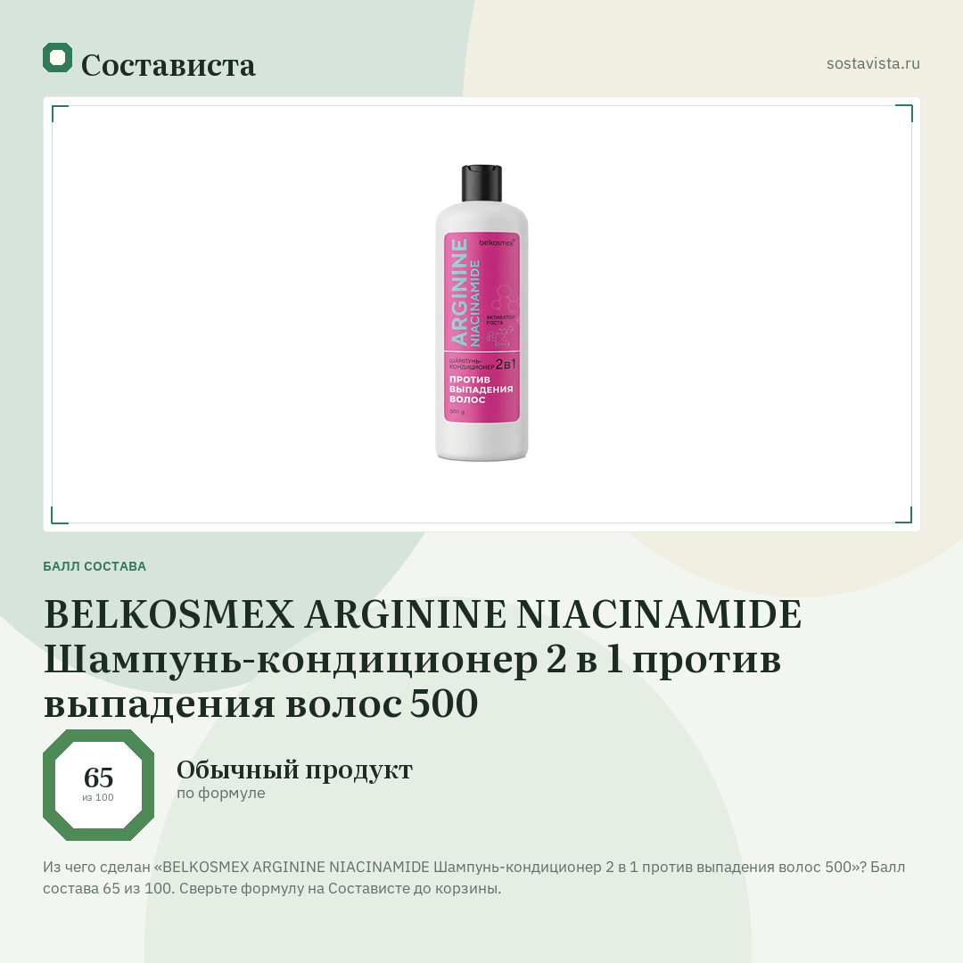 BELKOSMEX ARGININE NIACINAMIDE Шампунь-кондиционер 2 в 1 против выпадения волос 500: балл состава 65 из 100 — Состависта