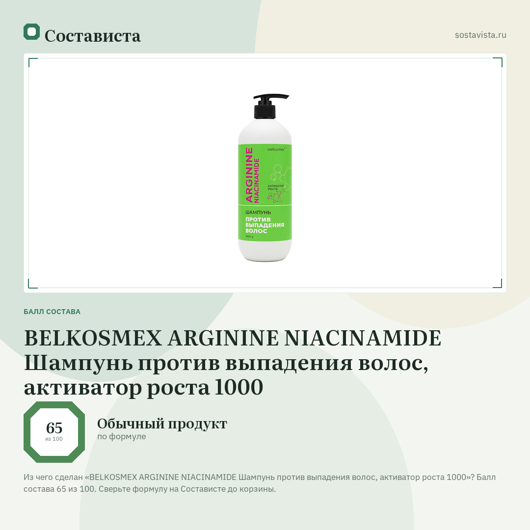 BELKOSMEX ARGININE NIACINAMIDE Шампунь против выпадения волос, активатор роста 1000: балл состава 65 из 100 — Состависта