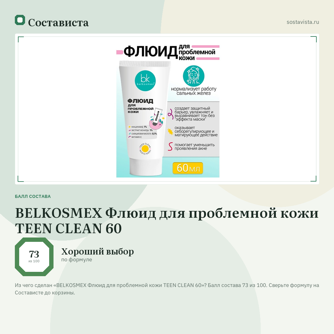 BELKOSMEX Флюид для проблемной кожи TEEN CLEAN 60: балл состава 73 из 100 — Состависта