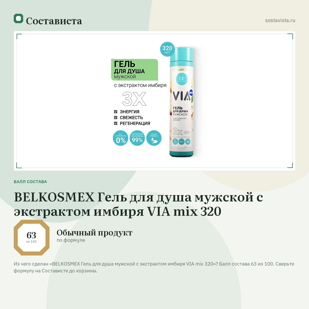 BELKOSMEX Гель для душа мужской с экстрактом имбиря VIA mix 320: балл состава 63 из 100 — Состависта