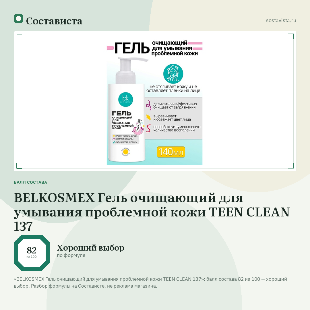 BELKOSMEX Гель очищающий для умывания проблемной кожи TEEN CLEAN 137: балл состава 82 из 100 — Состависта